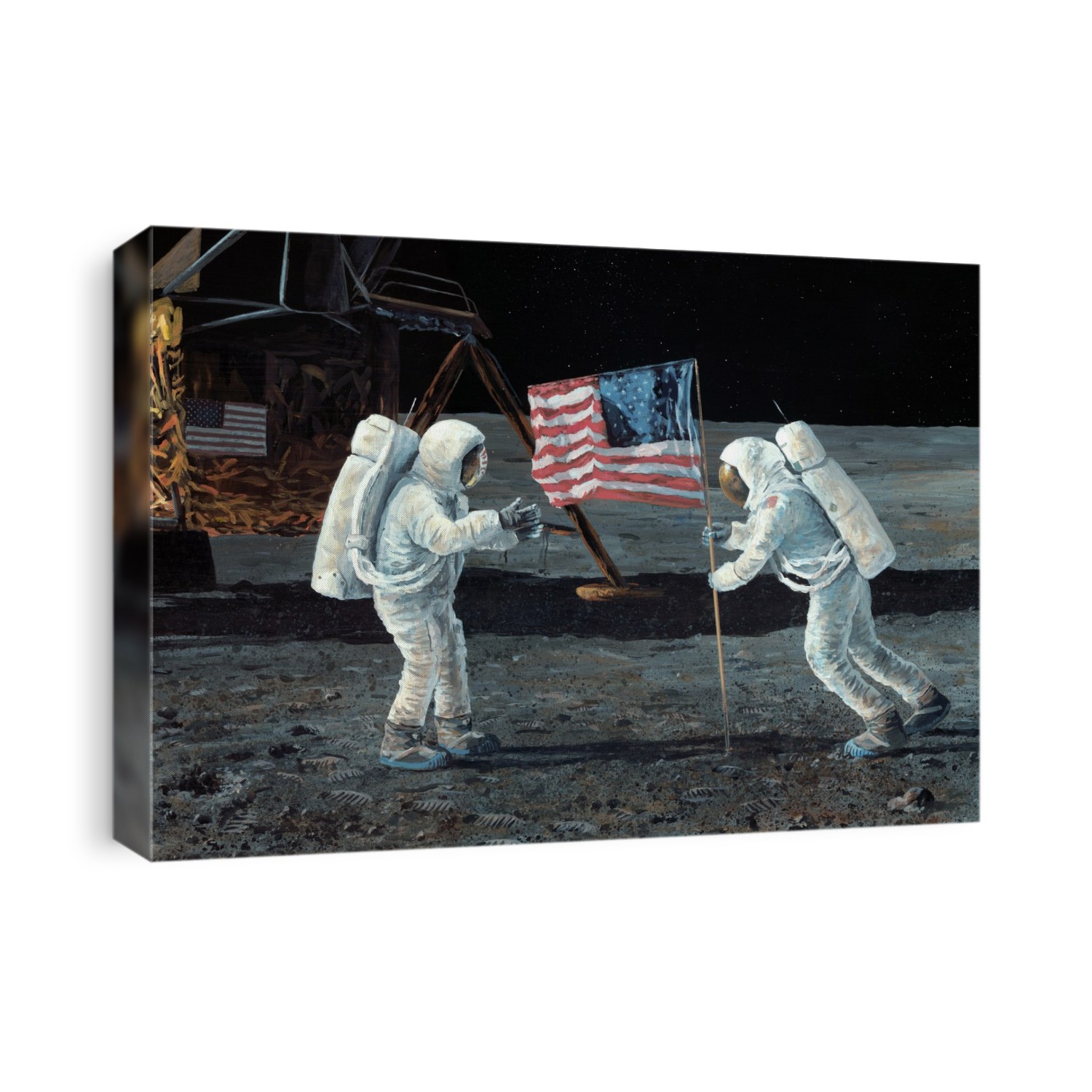 Apollo 11 Moon landing. Artwork of US astronauts Neil Armstrong (right) and Buzz Aldrin (left) placing the US flag on the Moon during the Apollo 11 mission, the first manned mission to land on the Moon (20 July 1969). Early in the morning of 21 July, they descended from the lunar landing module to the surface. They spent 2.5 hours on the surface, deploying instruments, taking photographs and drilling for rock samples. The Lunar Flag Assembly (which included a horizontal strut to support the flag on the airless Moon) was erected at 03:41 UTC. The flag was later knocked over by the exhaust from the ascent module.
