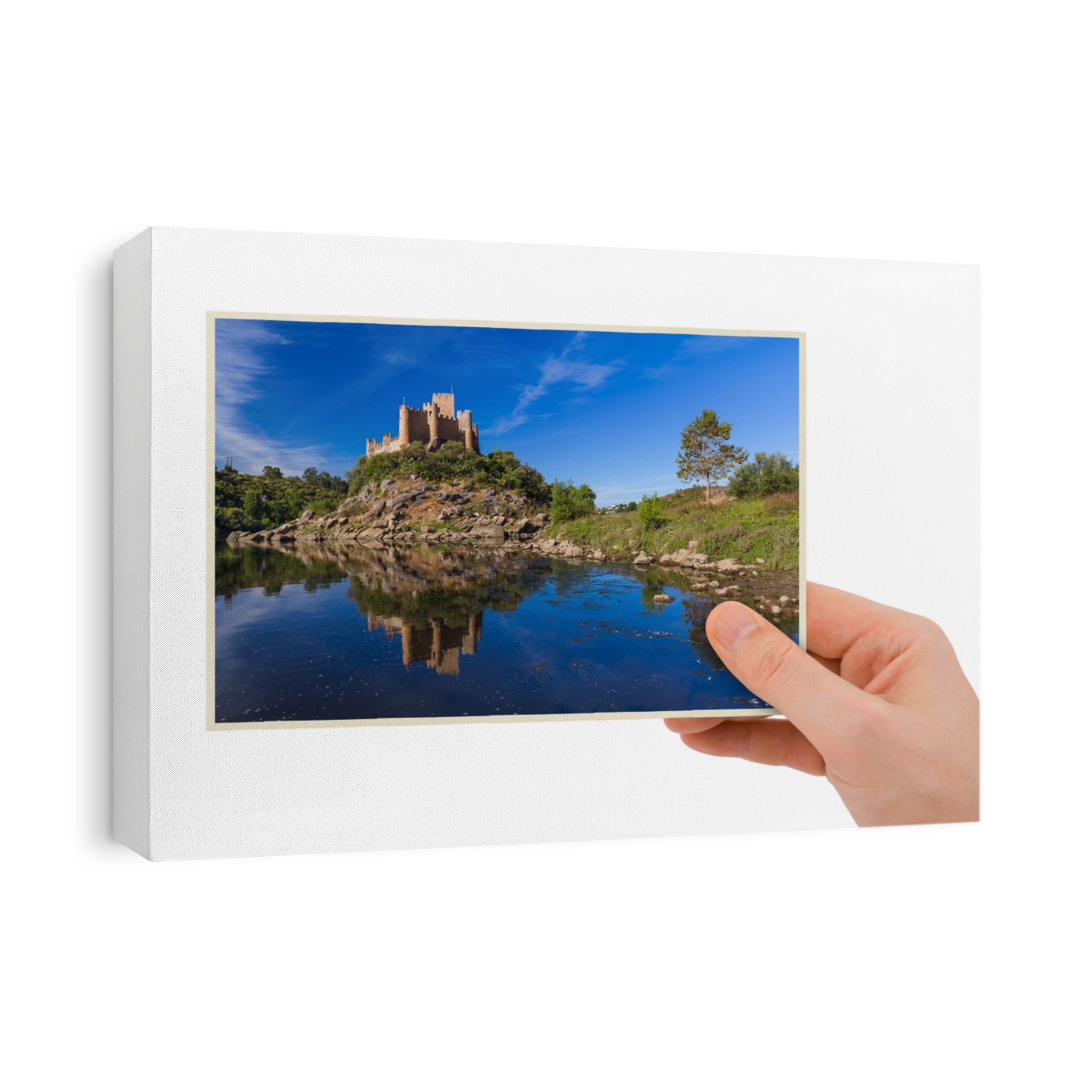 Hand and Almourol castle - Portugal (my photo) isolated on white background