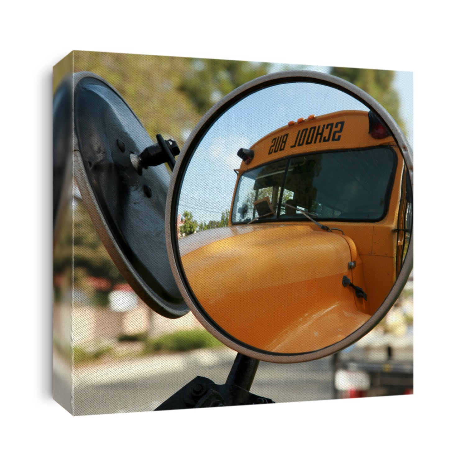 a school bus as seen from its convex mirror