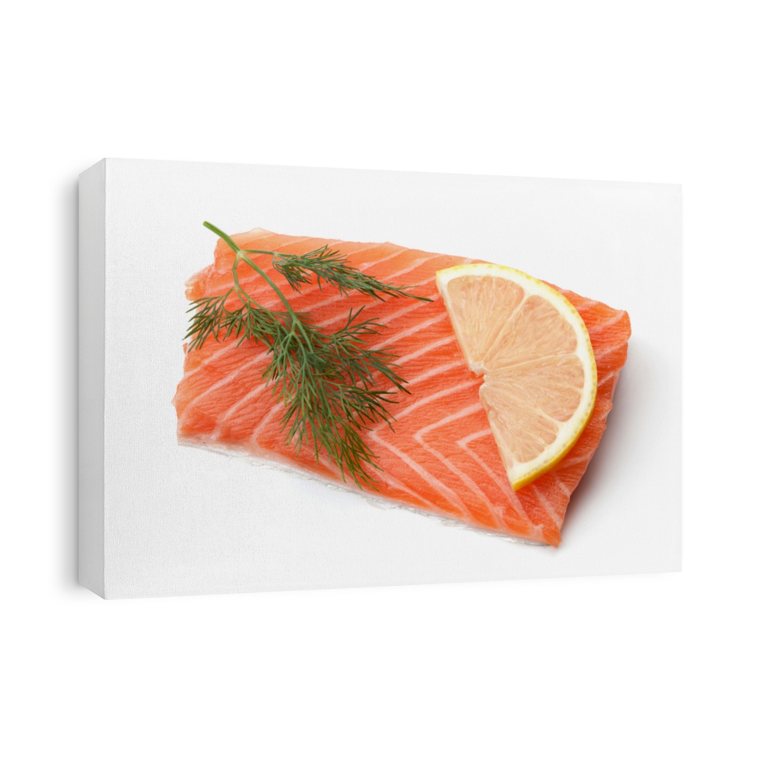 Fresh salmon steak with lemon slice and dill. Isolated on white background