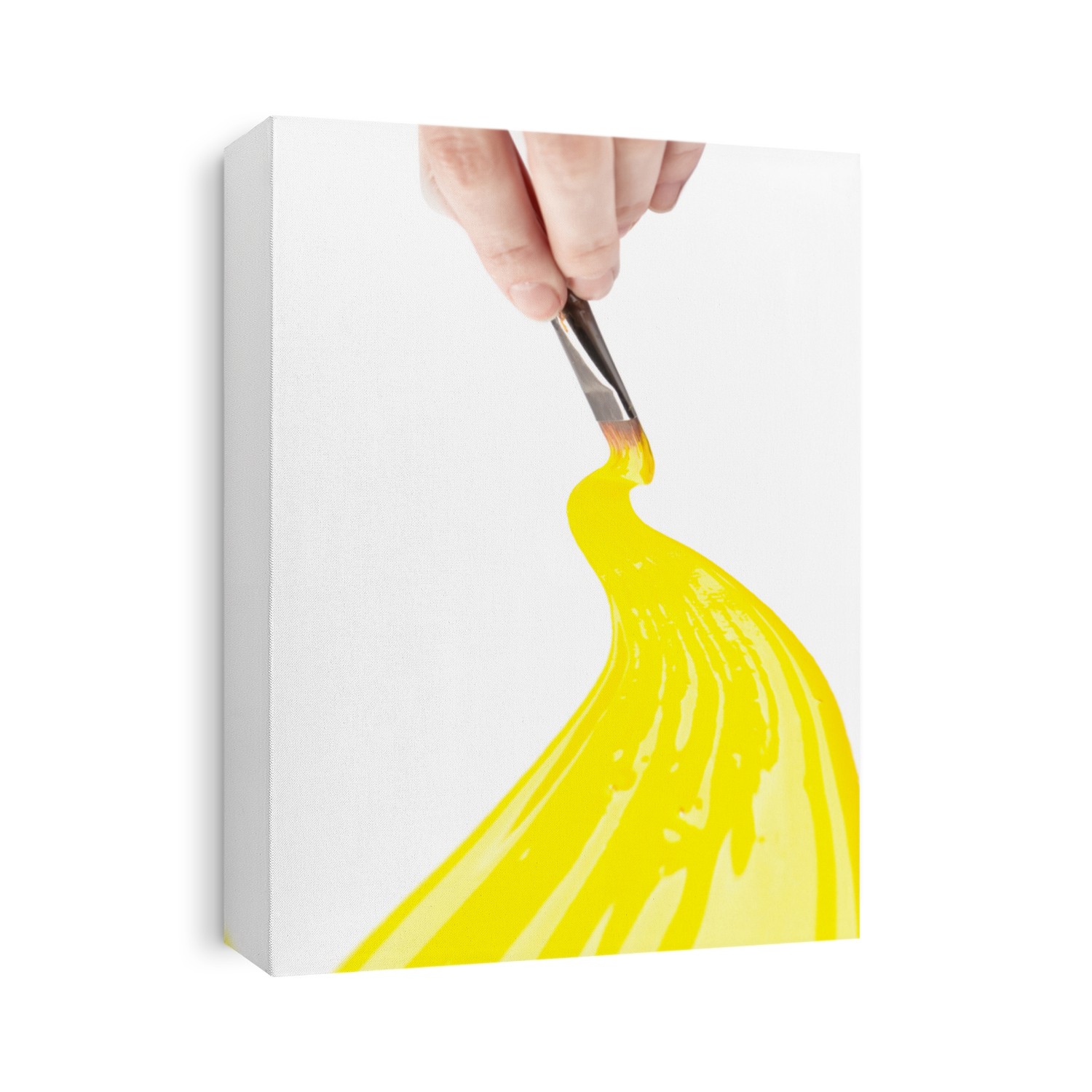 Hand draws yellow curve line on white, isolated