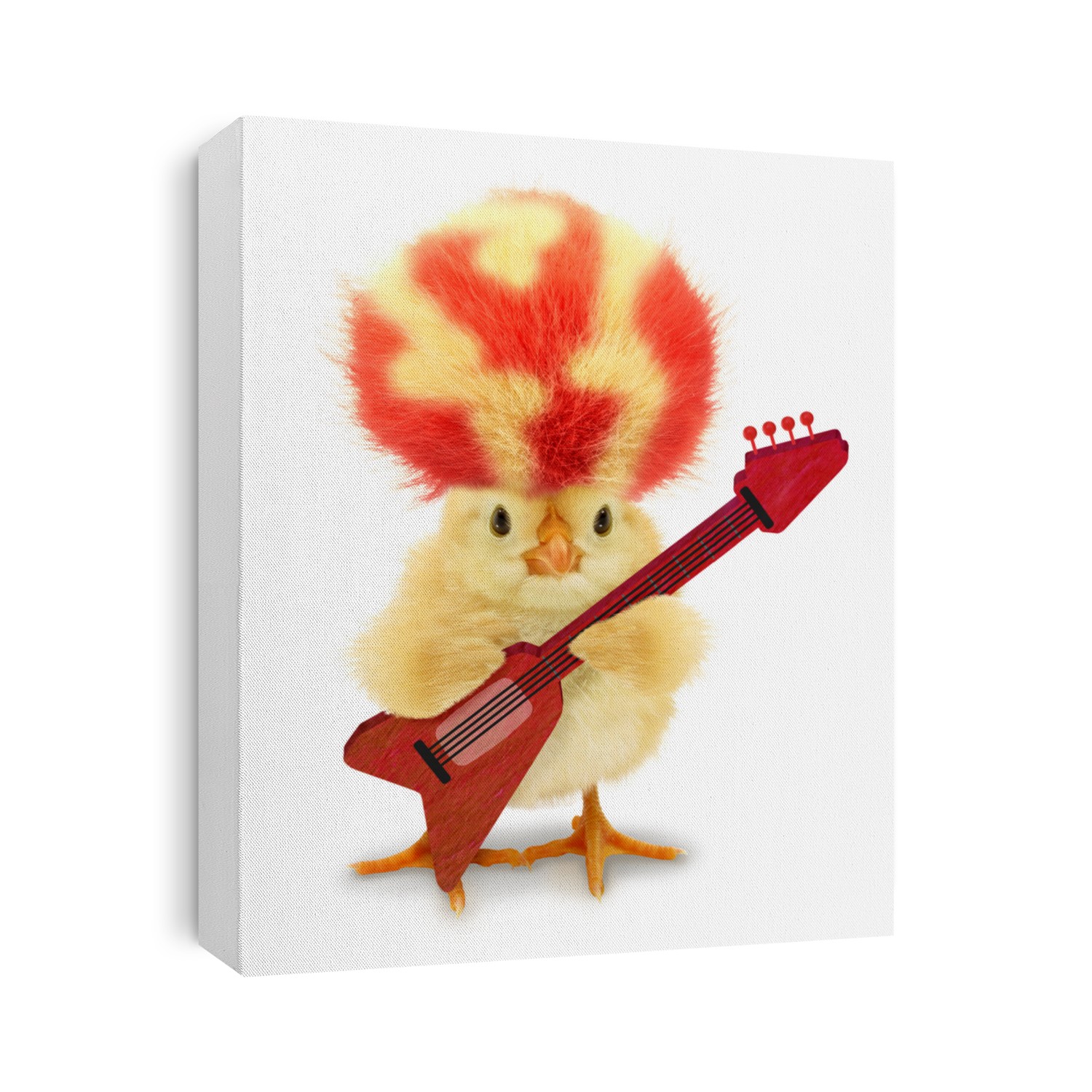 Cute cool chick musician with crazy red yellow hair and electric guitar funny conceptual image